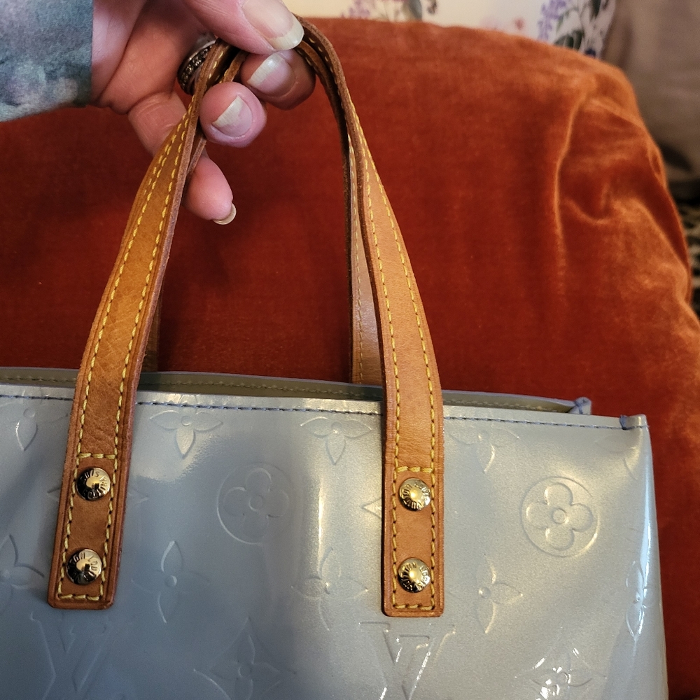 Louis Vuitton Patent Monogram Satchel in Light Gray with Tan Leather Handles